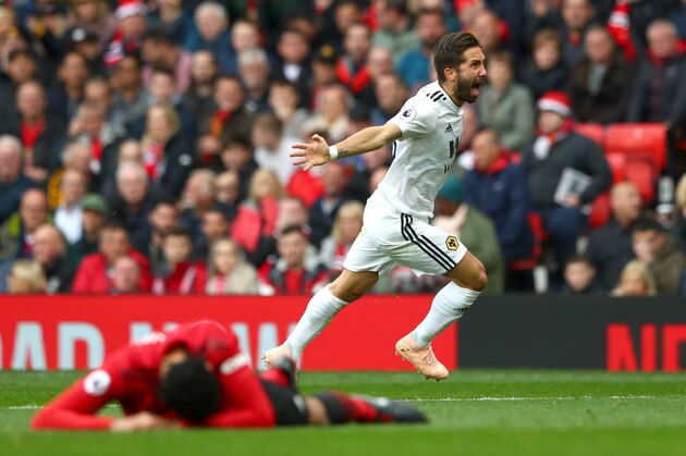 MANCHESTER, ENGLAND - SEPTEMBER 22:  Joao Moutinho of Wolverhampton Wanderers celebrates after scoring his team's first goal during the Premier League match between Manchester United and Wolverhampton Wanderers at Old Trafford on September 22, 2018 in Manchester, United Kingdom.  (Photo by Matthew Lewis/Getty Images)