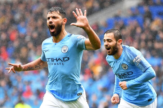CARDIFF, WALES - SEPTEMBER 22:  Sergio Aguero of Manchester City celebrates after scoring his team's first goal during the Premier League match between Cardiff City and Manchester City at Cardiff City Stadium on September 22, 2018 in Cardiff, United Kingdom.  (Photo by Dan Mullan/Getty Images)