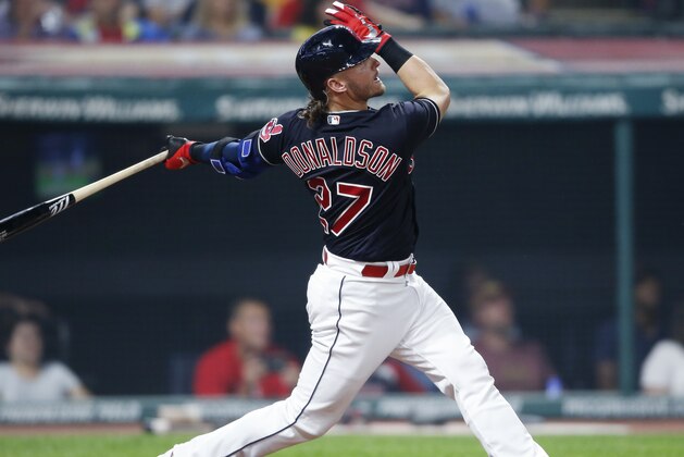 Cleveland Indians' Josh Donaldson hits a solo home run off Detroit Tigers starting pitcher Matthew Boyd during the sixth inning of a baseball game, Friday, Sept. 14, 2018, in Cleveland. (AP Photo/Ron Schwane)