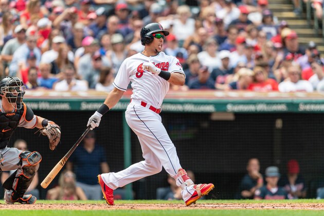 CLEVELAND, OH - AUGUST 19: Michael Brantley #23 of the Cleveland Indians hits a single during the second inning against the Baltimore Orioles at Progressive Field on August 19, 2018 in Cleveland, Ohio. (Photo by Jason Miller/Getty Images)