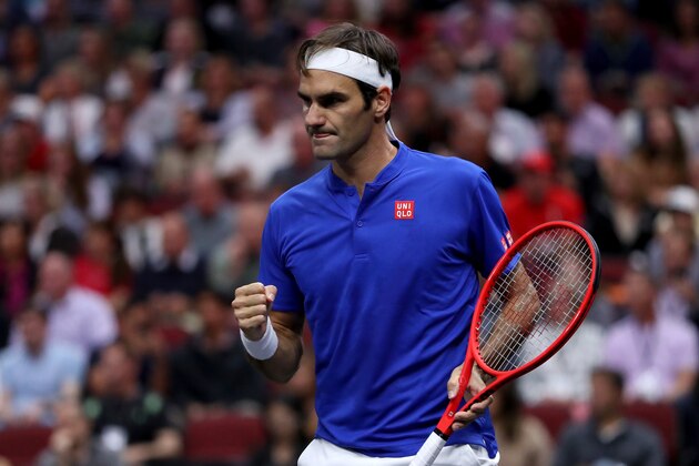 CHICAGO, IL - SEPTEMBER 22:  Team Europe Roger Federer of Switzerland celebrates a point against Team World Nick Kyrgios of Australia during their Men's Singles match on day two of the 2018 Laver Cup at the United Center on September 22, 2018 in Chicago, Illinois.  (Photo by Matthew Stockman/Getty Images for The Laver Cup)