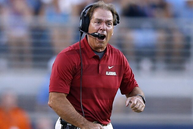 OXFORD, MS - SEPTEMBER 15:  Head coach Nick Saban of the Alabama Crimson Tide reacts during a game against the Mississippi Rebels at Vaught-Hemingway Stadium on September 15, 2018 in Oxford, Mississippi.  (Photo by Jonathan Bachman/Getty Images)