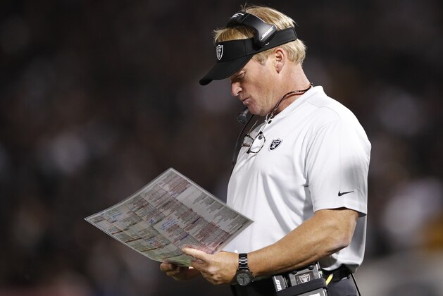 FILE - In this Sept. 10, 2018, file photo, Oakland Raiders head coach Jon Gruden is shown on the sideline during the second half of an NFL football game against the Los Angeles Rams, in Oakland, Calif. The Raiders play at the Miami Dolphins on Sunday, Sept. 23. (AP Photo/John Hefti, File)