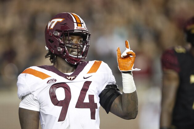 TALLAHASSEE, FL - SEPTEMBER 03: Trevon Hill #94 of the Virginia Tech Hokies reacts after sacking Deondre Francois #12 of the Florida State Seminoles in the second quarter of the game at Doak Campbell Stadium on September 3, 2018 in Tallahassee, Florida. (Photo by Joe Robbins/Getty Images)