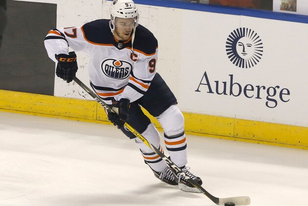 Edmonton Oilers center Connor McDavid (97) skates during warmups before play against the Florida Panthers in an NHL hockey game, Saturday, March 17, 2018, in Sunrise, Fla. (AP Photo/Joe Skipper)