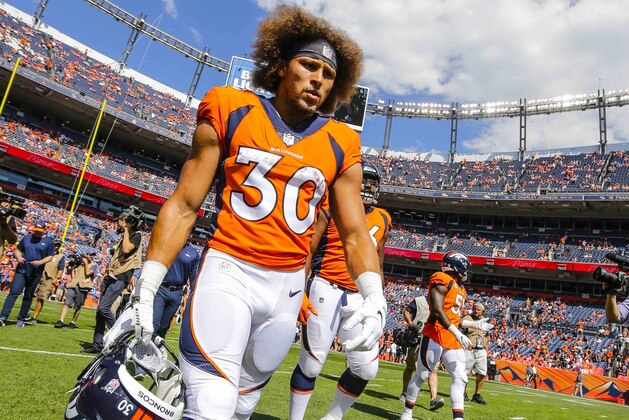 Denver Broncos running back Phillip Lindsay (30) prior to an NFL football game against the Oakland Raiders, Sunday, Sept. 16, 2018, in Denver. (AP Photo/Jack Dempsey)