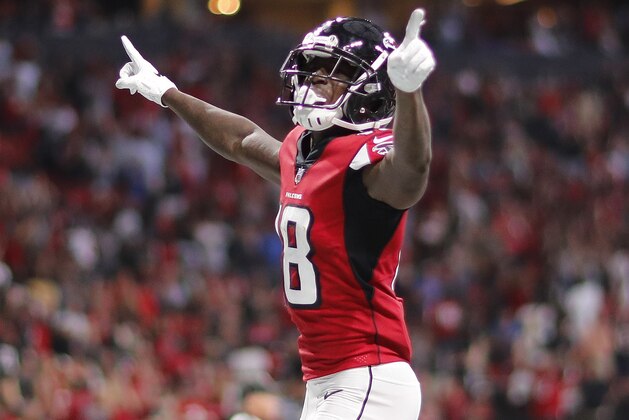 Atlanta Falcons wide receiver Calvin Ridley (18) celebrates his touchdown against the New Orleans Saints during the first half of an NFL football game, Sunday, Sept. 23, 2018, in Atlanta. (AP Photo/David Goldman)