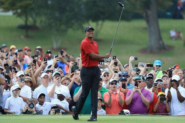ATLANTA, GA - SEPTEMBER 23:  Tiger Woods of the United States plays his shot from the fourth tee during the final round of the TOUR Championship at East Lake Golf Club on September 23, 2018 in Atlanta, Georgia.  (Photo by Sam Greenwood/Getty Images)