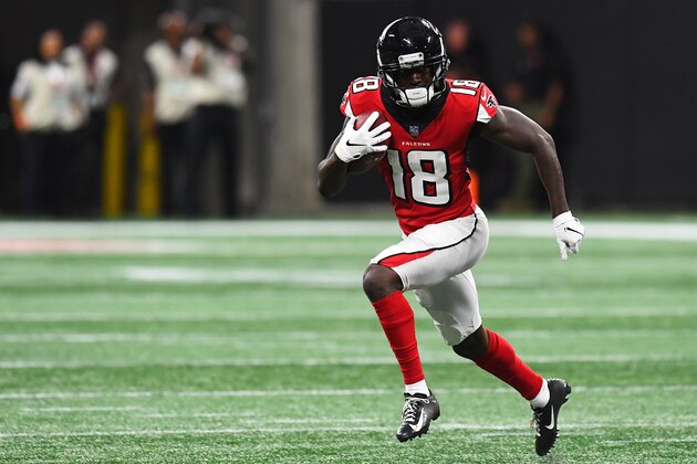 ATLANTA, GA - SEPTEMBER 16: 
Calvin Ridley #18 of the Atlanta Falcons runs after a catch during the second half against the Carolina Panthers at Mercedes-Benz Stadium on September 16, 2018 in Atlanta, Georgia. (Photo by Scott Cunningham/Getty Images)