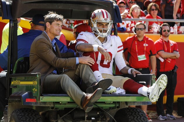 KANSAS CITY, MO - SEPTEMBER 23: Jimmy Garoppolo #10 of the San Francisco 49ers is carted off the field after an injury during the fourth quarter of the game against the Kansas City Chiefs at Arrowhead Stadium on September 23rd, 2018 in Kansas City, Missouri. (Photo by David Eulitt/Getty Images)