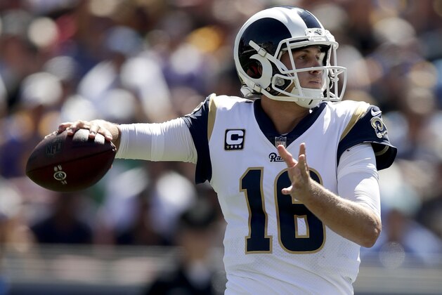 Los Angeles Rams quarterback Jared Goff passes against the Los Angeles Chargers during the first half in an NFL football game Sunday, Sept. 23, 2018, in Los Angeles. (AP Photo/Jae C. Hong)