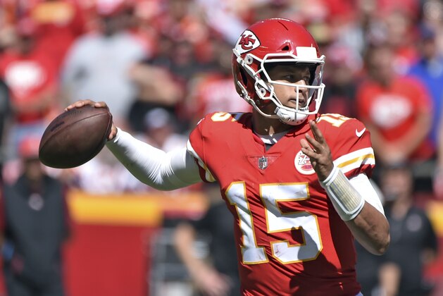 Kansas City Chiefs quarterback Patrick Mahomes (15) throws a pass during the first half of an NFL football game against the San Francisco 49ers in Kansas City, Mo., Sunday, Sept. 23, 2018. (AP Photo/Ed Zurga)
