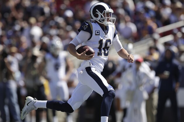 Los Angeles Rams quarterback Jared Goff runs against the Los Angeles Chargers during the first half in an NFL football game Sunday, Sept. 23, 2018, in Los Angeles. (AP Photo/Jae C. Hong)