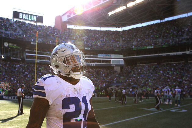 SEATTLE, WA - SEPTEMBER 23: Ezekiel Elliott #21 of the Dallas Cowboys reacts after fumbling the ball in the second half against the Seattle Seahawks during their game at CenturyLink Field on September 23, 2018 in Seattle, Washington.  (Photo by Abbie Parr/Getty Images)