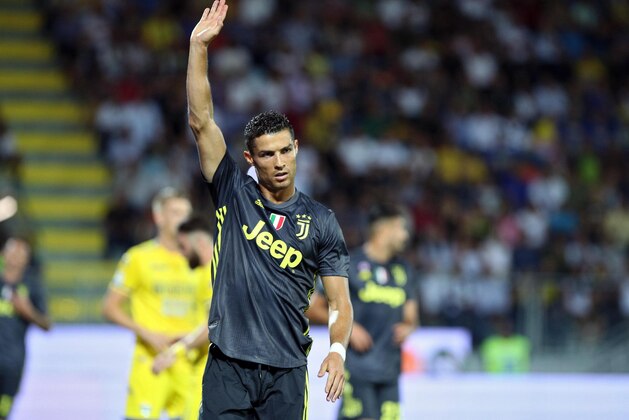 Juventus' Cristiano Ronaldo calls for attention during the Serie A soccer match between Frosinone and Juventus at the Benito Stirpe stadium in Frosinone, Italy, Sunday, Sept. 23, 2018. (Federico Proietti/ANSA via AP)