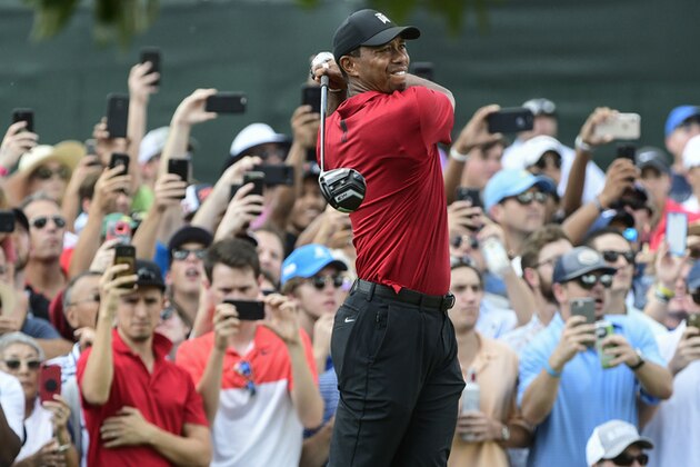 Tiger Woods hits from the third tee during the final round of the Tour Championship golf tournament Sunday, Sept. 23, 2018, in Atlanta. (AP Photo/John Amis)
