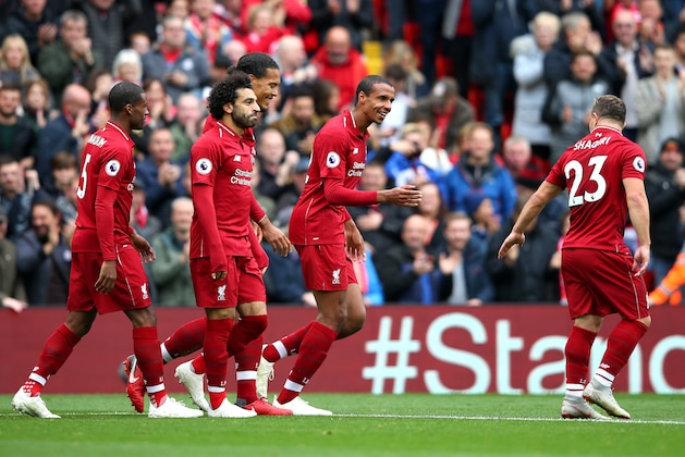 LIVERPOOL, ENGLAND - SEPTEMBER 22:  Joel Matip of Liverpool celebrates with teammates after scoring his team's second goal during the Premier League match between Liverpool FC and Southampton FC at Anfield on September 22, 2018 in Liverpool, United Kingdom.  (Photo by Alex Livesey/Getty Images)