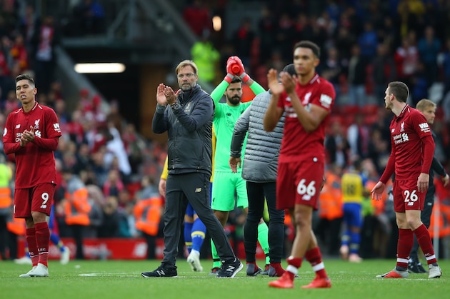 LIVERPOOL, ENGLAND - SEPTEMBER 22:  Jurgen Klopp, Manager of Liverpool applauds fans after the Premier League match between Liverpool FC and Southampton FC at Anfield on September 22, 2018 in Liverpool, United Kingdom.  (Photo by Alex Livesey/Getty Images)