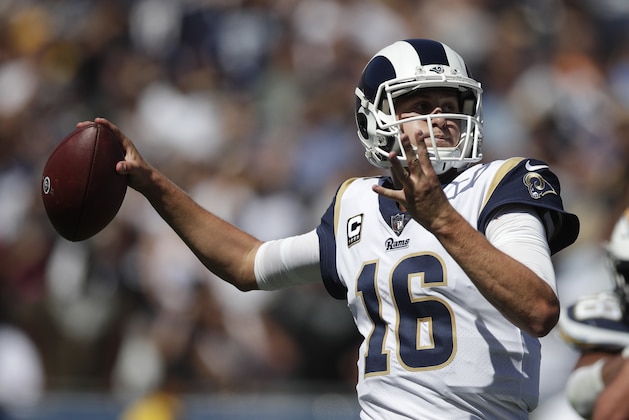 Los Angeles Rams quarterback Jared Goff passes against the Los Angeles Chargers during the first half in an NFL football game Sunday, Sept. 23, 2018, in Los Angeles. (AP Photo/Jae C. Hong)