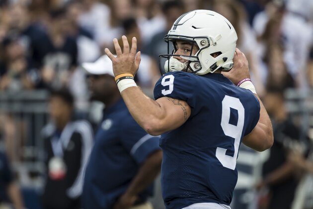STATE COLLEGE, PA - SEPTEMBER 15: Trace McSorley #9 of the Penn State Nittany Lions warms up before the game between the Penn State Nittany Lions and the Kent State Golden Flashes at Beaver Stadium on September 15, 2018 in State College, Pennsylvania.  (Photo by Scott Taetsch/Getty Images)