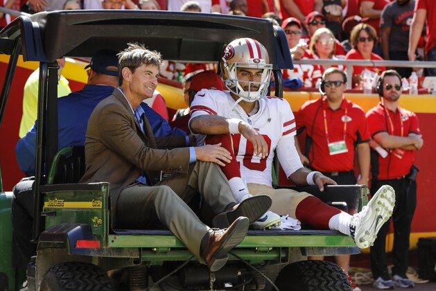 KANSAS CITY, MO - SEPTEMBER 23: Jimmy Garoppolo #10 of the San Francisco 49ers is carted off the field after an injury during the fourth quarter of the game against the Kansas City Chiefs at Arrowhead Stadium on September 23rd, 2018 in Kansas City, Missouri. (Photo by David Eulitt/Getty Images)