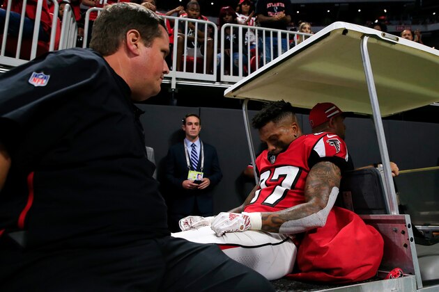 ATLANTA, GA - SEPTEMBER 23: Ricardo Allen #37 of the Atlanta Falcons is carted off the field during the second half against the New Orleans Saints at Mercedes-Benz Stadium on September 23, 2018 in Atlanta, Georgia. (Photo by Daniel Shirey/Getty Images)