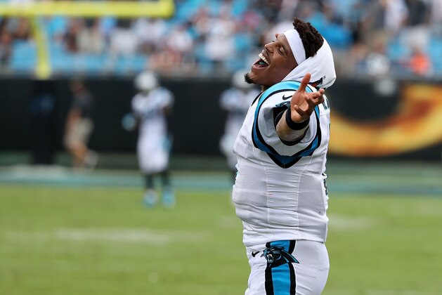 CHARLOTTE, NC - SEPTEMBER 23:  Cam Newton #1 of the Carolina Panthers reacts after their 31-21 victory over the Cincinnati Bengals at Bank of America Stadium on September 23, 2018 in Charlotte, North Carolina.  (Photo by Streeter Lecka/Getty Images)