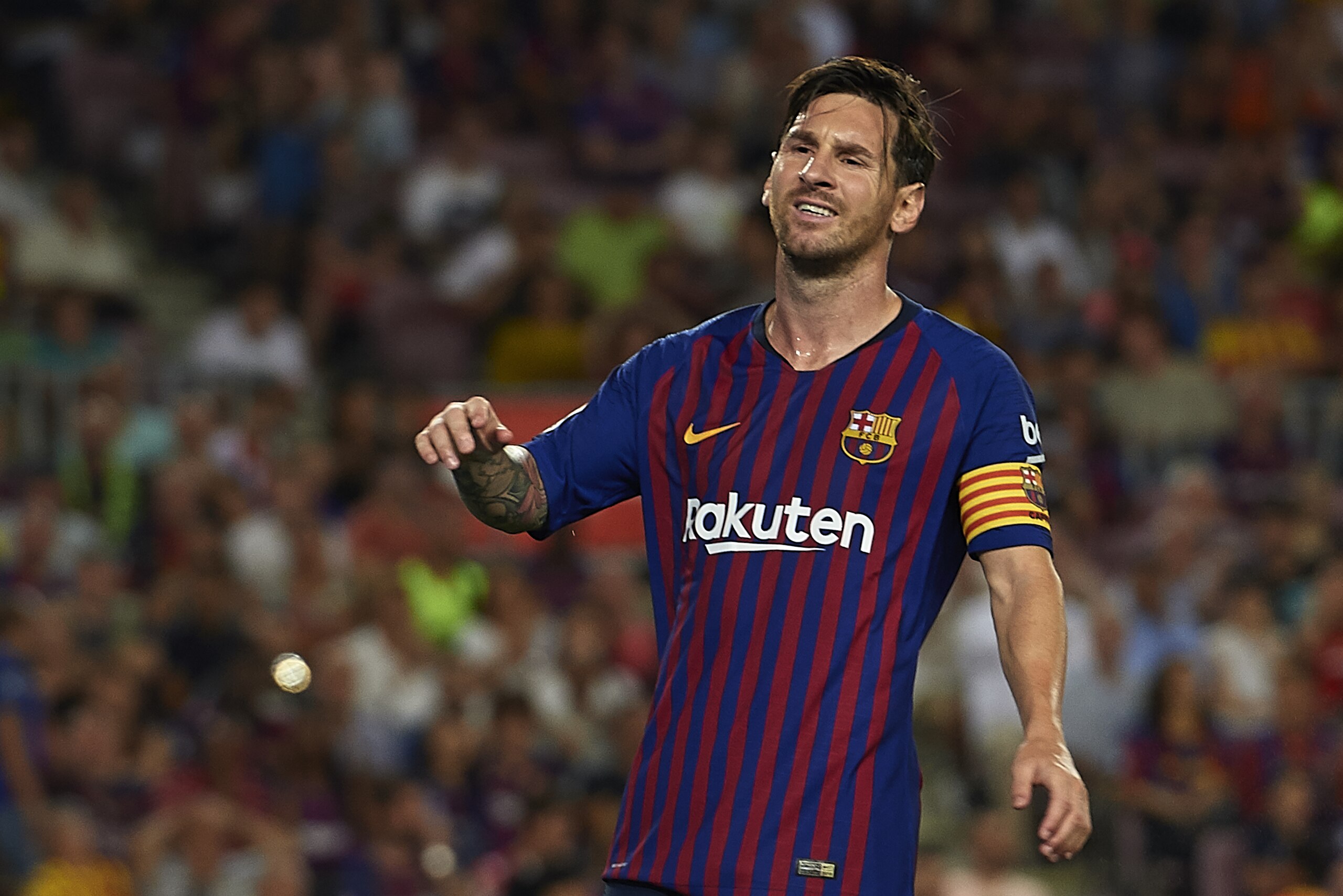 BARCELONA, SPAIN - SEPTEMBER 23: Lionel Messi of Barcelona reacts during the La Liga match between FC Barcelona and Girona FC at Camp Nou on September 23, 2018 in Barcelona, Spain. (Photo by Quality Sport Images/Getty Images) BARCELONA, SPAIN - SEPTEMBER 23: Lionel Messi of Barcelona reacts during the La Liga match between FC Barcelona and Girona FC at Camp Nou on September 23, 2018 in Barcelona, Spain. (Photo by Quality Sport Images/Getty Images)