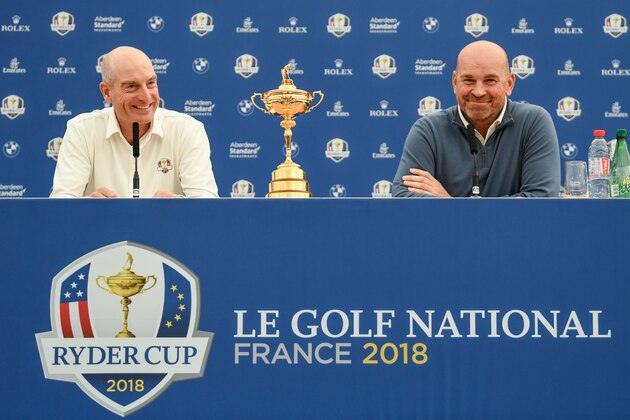 Ryder Cup team captains Europe's Thomas Bjorn (R) and US Jim Furyk attend a press conference ahead of the 42nd Ryder Cup at Le Golf National Course in Saint-Quentin-en-Yvelines, south-west of Paris on September 24, 2018. (Photo by Eric FEFERBERG / AFP)        (Photo credit should read ERIC FEFERBERG/AFP/Getty Images)