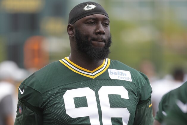 Green Bay Packers' Muhammad Wilkerson warms up during NFL football training camp Thursday, July 26, 2018, in Green Bay, Wis. (AP Photo/Morry Gash)