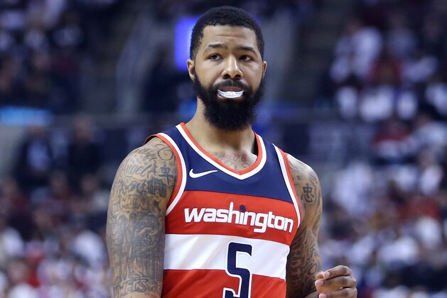 TORONTO, ON - APRIL 25:  Markieff Morris #5 of the Washington Wizards looks on during the first half of Game Five against the Toronto Raptors in Round One of the 2018 NBA playoffs at Air Canada Centre on April 25, 2018 in Toronto, Canada.  NOTE TO USER: User expressly acknowledges and agrees that, by downloading and or using this photograph, User is consenting to the terms and conditions of the Getty Images License Agreement.  (Photo by Vaughn Ridley/Getty Images)'n