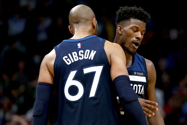 NEW ORLEANS, LA - NOVEMBER 01:  Jimmy Butler #23 of the Minnesota Timberwolves reacts with Taj Gibson #67 of the Minnesota Timberwolves after scoring a three pointer during the fourth quarter against the New Orleans Pelicans  at the Smoothie King Center on November 1, 2017 in New Orleans, Louisiana. NOTE TO USER: User expressly acknowledges and agrees that, by downloading and or using this photograph, User is consenting to the terms and conditions of the Getty Images License Agreement.  Minnesota won the game 104 -98.  (Photo by Sean Gardner/Getty Images)