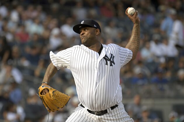 New York Yankees pitcher CC Sabathia delivers the ball to the Toronto Blue Jays during the second inning of a baseball game Saturday, Sept.15, 2018, at Yankee Stadium in New York. (AP Photo/Bill Kostroun)