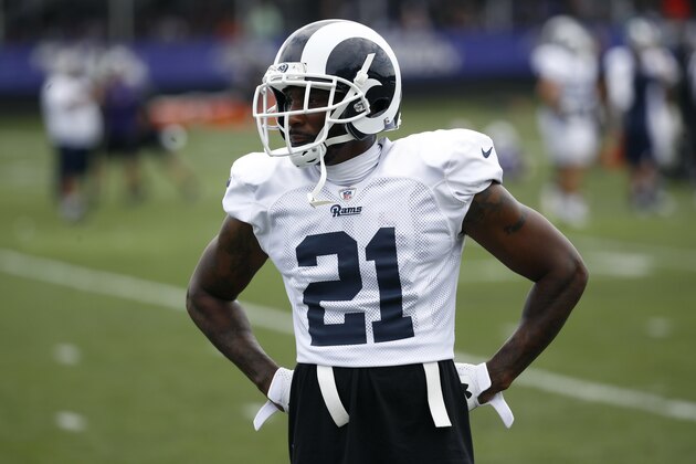 Los Angeles Rams cornerback Aqib Talib participates in a joint NFL football training camp practice at the Baltimore Raven's headquarters, Tuesday, Aug. 7, 2018, in Owings Mills, Md. (AP Photo/Patrick Semansky)