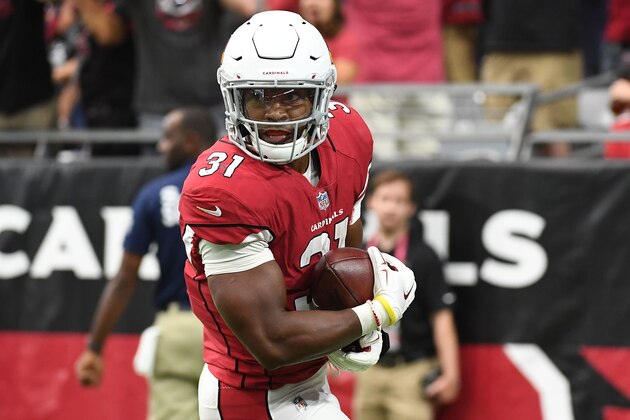 GLENDALE, AZ - SEPTEMBER 23:  Running back David Johnson #31 of the Arizona Cardinals runs in a 21 yard touchdown in the first half of the NFL game against the Chicago Bears at State Farm Stadium on September 23, 2018 in Glendale, Arizona.  (Photo by Jennifer Stewart/Getty Images)