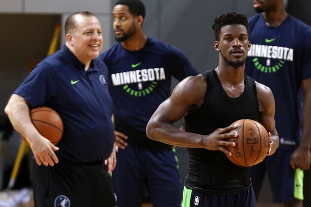 SHENZHEN, CHINA - OCTOBER 04:  Head coach Tom Thibodeau(L) and Jimmy Butler #23 of the Minnesota Timberwolves looks on during practice at Shenzhen Gymnasium as part of 2017 NBA Global Games China on October 4, 2017 in Shenzhen, China.  (Photo by Zhong Zhi/Getty Images)
