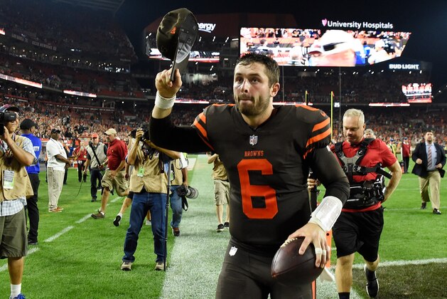 CLEVELAND, OH - SEPTEMBER 20:  Baker Mayfield #6 of the Cleveland Browns runs off the field after a 21-17 win over the New York Jets at FirstEnergy Stadium on September 20, 2018 in Cleveland, Ohio. (Photo by Jason Miller/Getty Images)