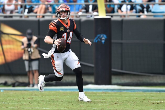 CHARLOTTE, NC - SEPTEMBER 23:  Andy Dalton #14 of the Cincinnati Bengals against the Carolina Panthers during their game at Bank of America Stadium on September 23, 2018 in Charlotte, North Carolina. The Panthers won 31-21.  (Photo by Grant Halverson/Getty Images)
