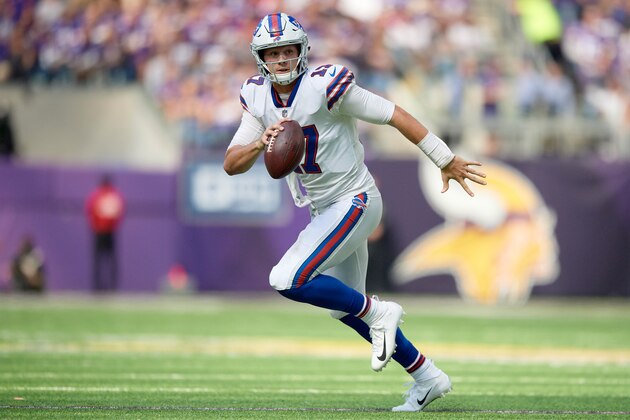 MINNEAPOLIS, MN - SEPTEMBER 23: Josh Allen #17 of the Buffalo Bills scrambles out of the pocket with the ball during the game against the Minnesota Vikings at U.S. Bank Stadium on September 23, 2018 in Minneapolis, Minnesota. (Photo by Hannah Foslien/Getty Images)