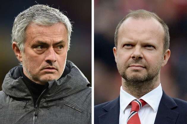 A combination of file pictures created in London on August 24, 2018 shows Manchester United's Portuguese manager Jose Mourinho (L) on the touchline ahead of the English FA Cup fifth round football match between Huddersfield Town and Manchester United at the John Smith's stadium in Huddersfield, northern England on February 17, 2018 and Manchester United's executive vice-chairman Ed Woodward (R) standing on the pitch before the start of the English Premier League football match between Manchester United and Everton at Old Trafford in Manchester, north west England, on April 3, 2016. - Jose Mourinho on on August 24, 2018 denied a rift with executive vice-chairman Ed Woodward despite growing speculation over the power structure at Manchester United. (Photo by OLI SCARFF / AFP)        (Photo credit should read OLI SCARFF/AFP/Getty Images)