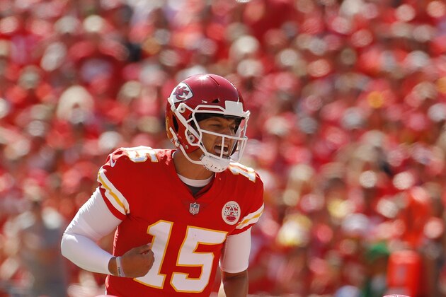 Kansas City Chiefs quarterback Patrick Mahomes (15) calls a play during the first half of an NFL football game against the San Francisco 49ers in Kansas City, Mo., Sunday, Sept. 23, 2018. (AP Photo/Charlie Riedel)