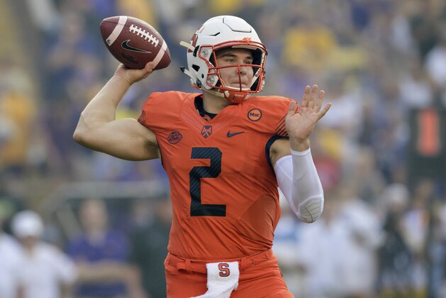 Syracuse quarterback Eric Dungey (2) throws an interception on his first throw in the first half during an NCAA college football game against LSU in Baton Rouge, La., Saturday, Sept. 23, 2017. (AP Photo/Matthew Hinton)