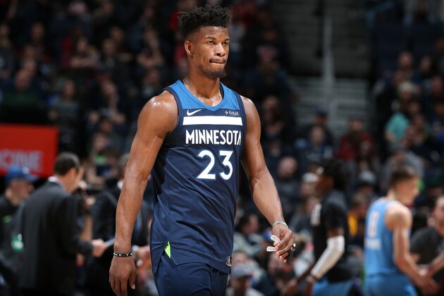 MINNEAPOLIS, MN - FEBRUARY 11:  Jimmy Butler #23 of the Minnesota Timberwolves look on during the game against the Sacramento Kings on February 11, 2018 at Target Center in Minneapolis, Minnesota. NOTE TO USER: User expressly acknowledges and agrees that, by downloading and or using this Photograph, user is consenting to the terms and conditions of the Getty Images License Agreement. Mandatory Copyright Notice: Copyright 2018 NBAE (Photo by David Sherman/NBAE via Getty Images)