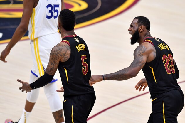 CLEVELAND, OH - JUNE 06:  JR Smith #5 and LeBron James #23 of the Cleveland Cavaliers react to a call against the Golden State Warriors in the second quarter during Game Three of the 2018 NBA Finals at Quicken Loans Arena on June 6, 2018 in Cleveland, Ohio. NOTE TO USER: User expressly acknowledges and agrees that, by downloading and or using this photograph, User is consenting to the terms and conditions of the Getty Images License Agreement.  (Photo by Jamie Sabau/Getty Images)