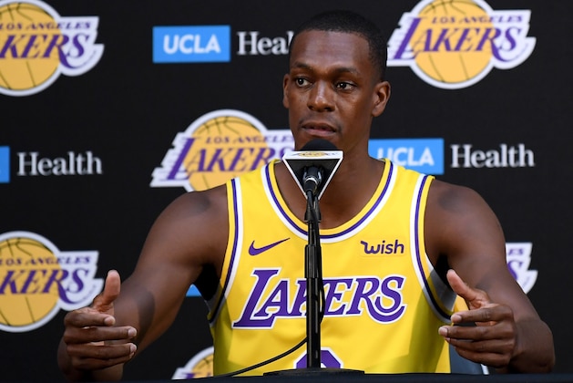 EL SEGUNDO, CA - SEPTEMBER 24:  Rajon Rondo of the Los Angeles Lakers speaks to the press during the Los Angeles Lakers Media Day at the UCLA Health Training Center on September 24, 2018 in El Segundo, California.  (Photo by Harry How/Getty Images)