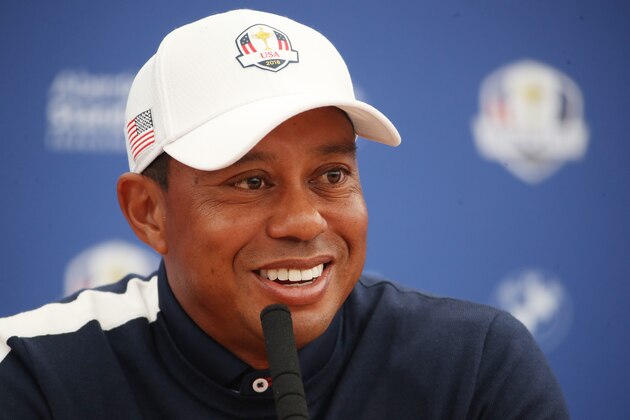 PARIS, FRANCE - SEPTEMBER 25:  Tiger Woods of the United States attends a press ocnference ahead of the 2018 Ryder Cup at Le Golf National on September 25, 2018 in Paris, France.  (Photo by Christian Petersen/Getty Images)