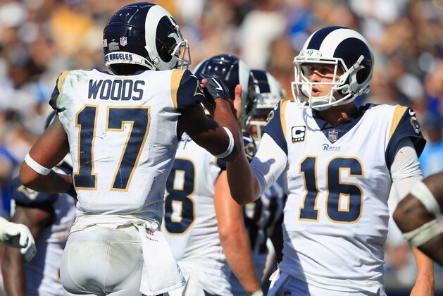 LOS ANGELES, CA - SEPTEMBER 23:  Robert Woods #17 of the Los Angeles Rams celebrates his touchdown with quarterback Jared Goff #16 during the third quarter of the game against the Los Angeles Chargers at Los Angeles Memorial Coliseum on September 23, 2018 in Los Angeles, California.  (Photo by Sean M. Haffey/Getty Images)