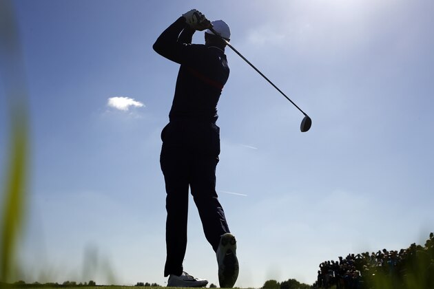 Tiger Woods of the US hits his drive on the 13th hole during a practice session at Le Golf National in Saint-Quentin-en-Yvelines, outside Paris, France, Tuesday, Sept. 25, 2018. The 42nd Ryder Cup will be held in France from Sept. 28-30, 2018 at Le Golf National. (AP Photo/Francois Mori)
