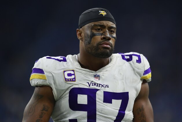 Minnesota Vikings defensive end Everson Griffen (97) stands on the sidelines during an NFL football game against the Detroit Lions, Thursday, Nov. 23, 2017, in Detroit. The Vikings won the game 30-23. (Jeff Haynes/AP Images for Panini)