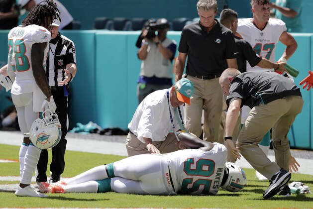 Miami Dolphins defensive end William Hayes (95) is helped on the field after a play during the first half of an NFL football game against the Oakland Raiders, Sunday, Sept. 23, 2018 in Miami Gardens, Fla. (AP Photo/Lynne Sladky)